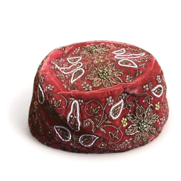 Evelyn Varon Velvet Beaded Pillbox Hat 1950s Cocktail Turban Floral Union Vtg - Picture 2 of 15